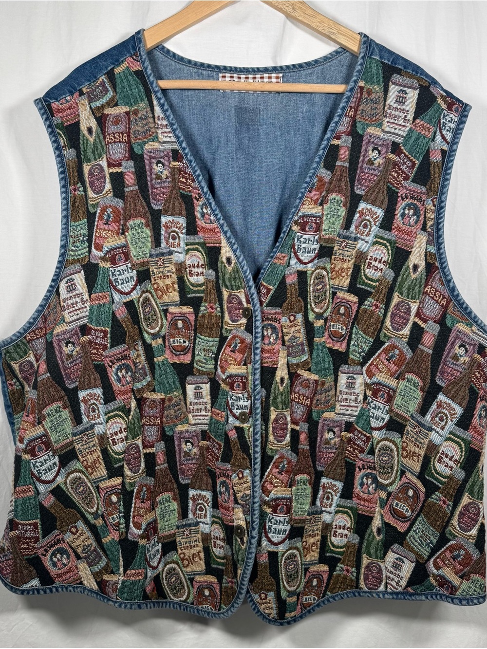 Vintage Denim Vest, 90s Beer Bottle Print Tapestry